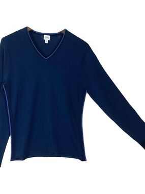 ARMANI COLLEZIONI Sweater L Navy-Blue Side Stitch Detail V-Neck